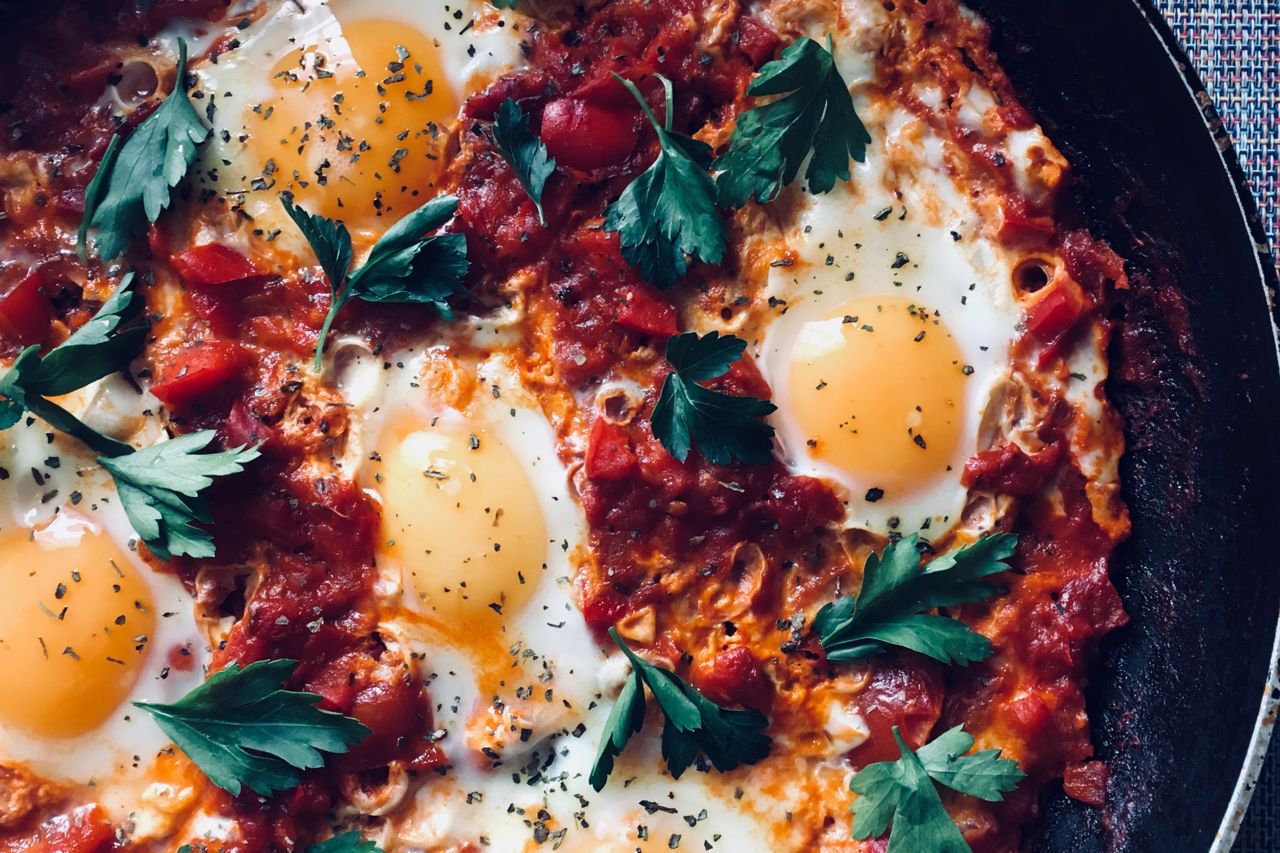 Shakshuka on Spiralized Sweet Potatoes Noodles